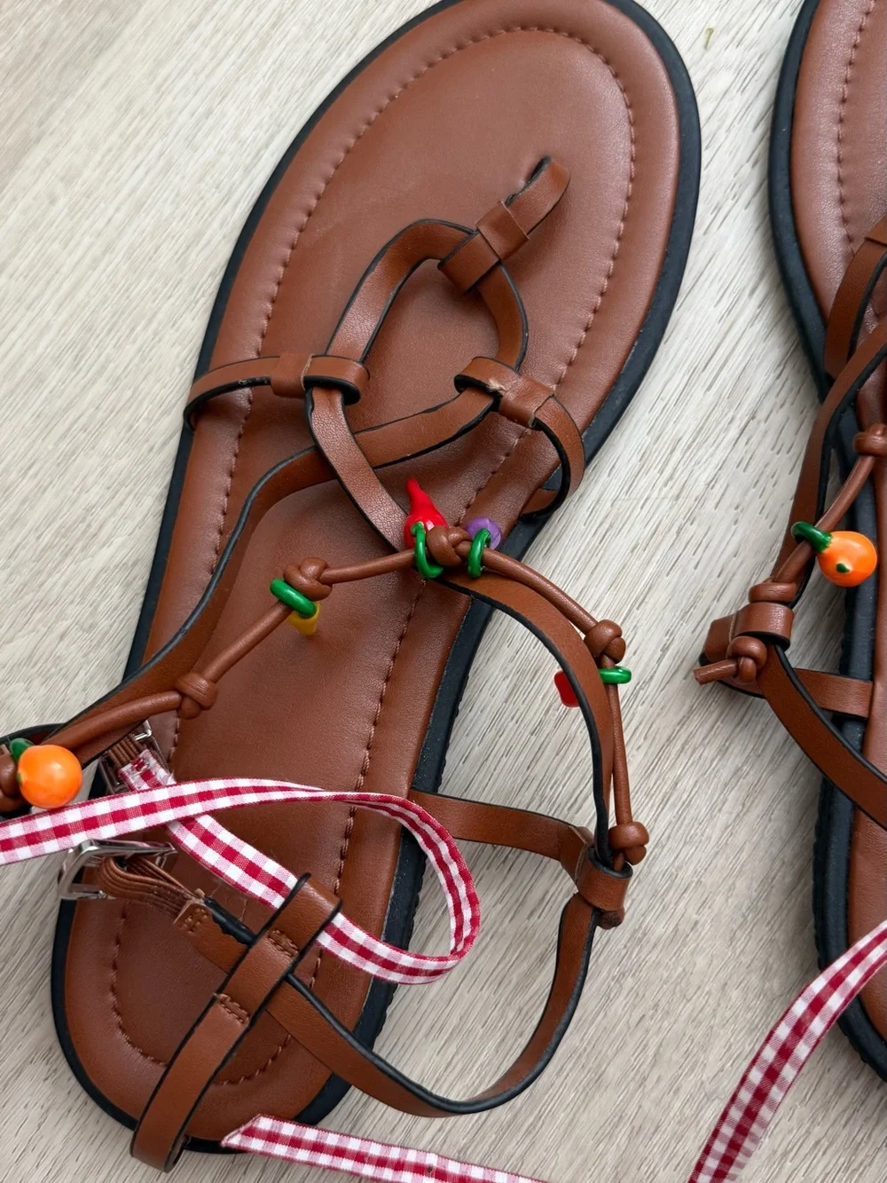 Zara Brown Strappy Sandals with Colorful pepper embellishment and Gingham Ties - Picture 4 of 5